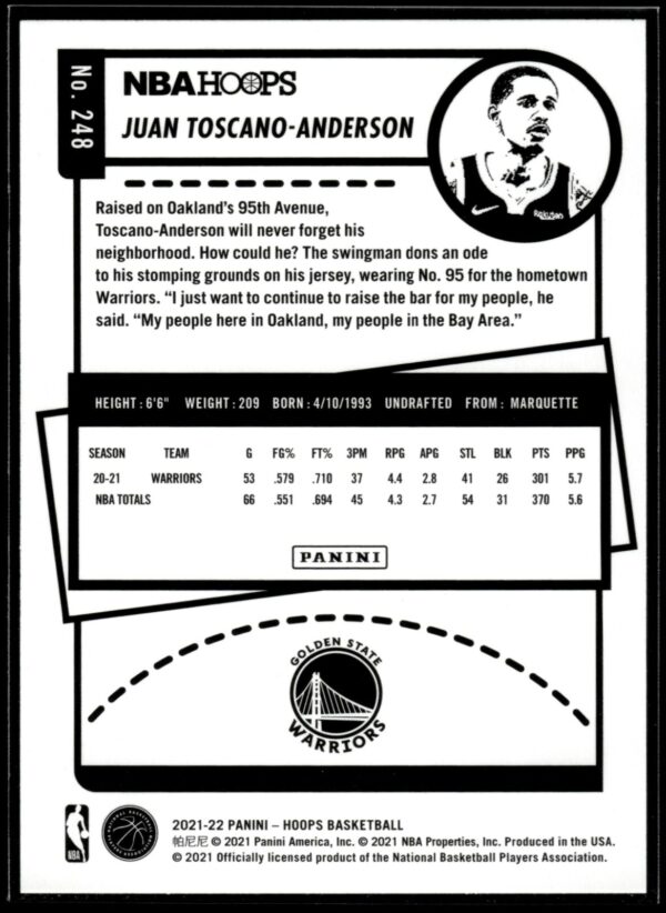 2021-22 Hoops Juan Toscano-Anderson Rookie Golden State Warriors #248