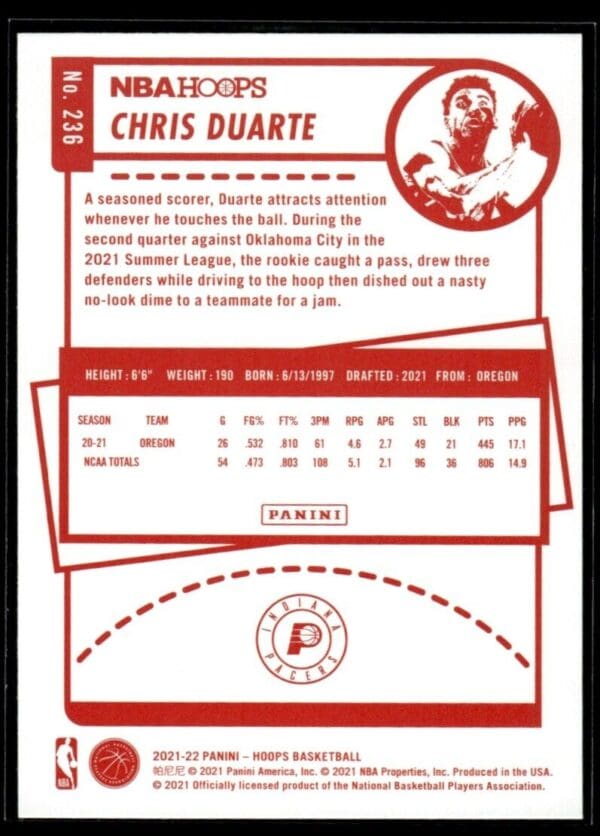 2021-22 Hoops Red Back Chris Duarte Rookie Indiana Pacers #236