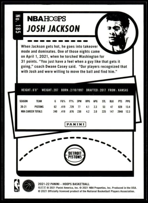 2021-22 Hoops Purple Josh Jackson Detroit Pistons #185