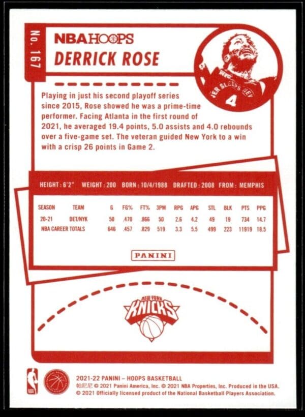 2021-22 Hoops Red Back Derrick Rose Detroit Pistons #167