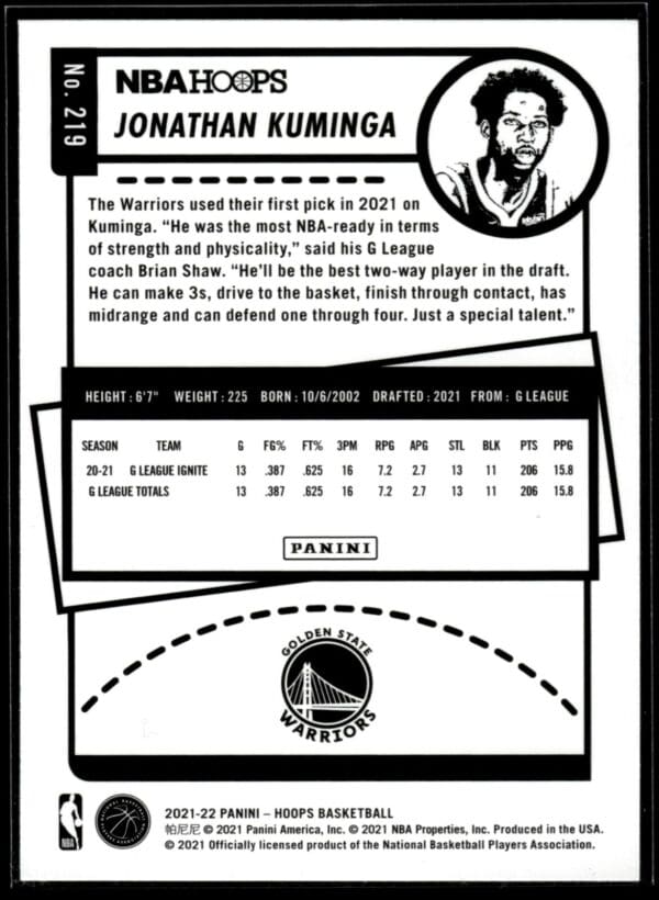2021-22 Hoops Jonathan Kuminga Rookie Golden State Warriors #219