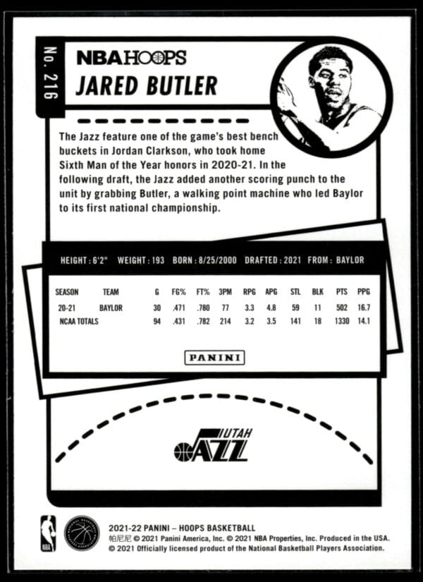 2021-22 Hoops Jared Butler Rookie Utah Jazz #216
