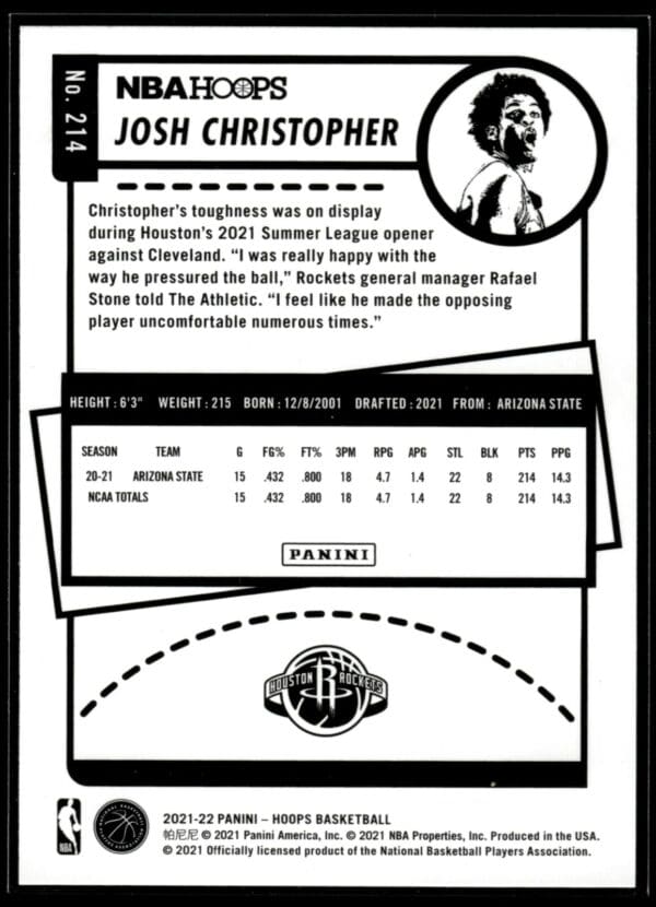 2021-22 Hoops Josh Christopher Rookie Houston Rockets #214