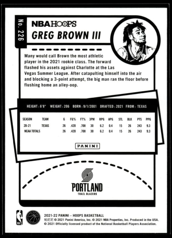 _10 2021-22 Hoops Greg Brown III Rookie Portland Trail Blazers #226
