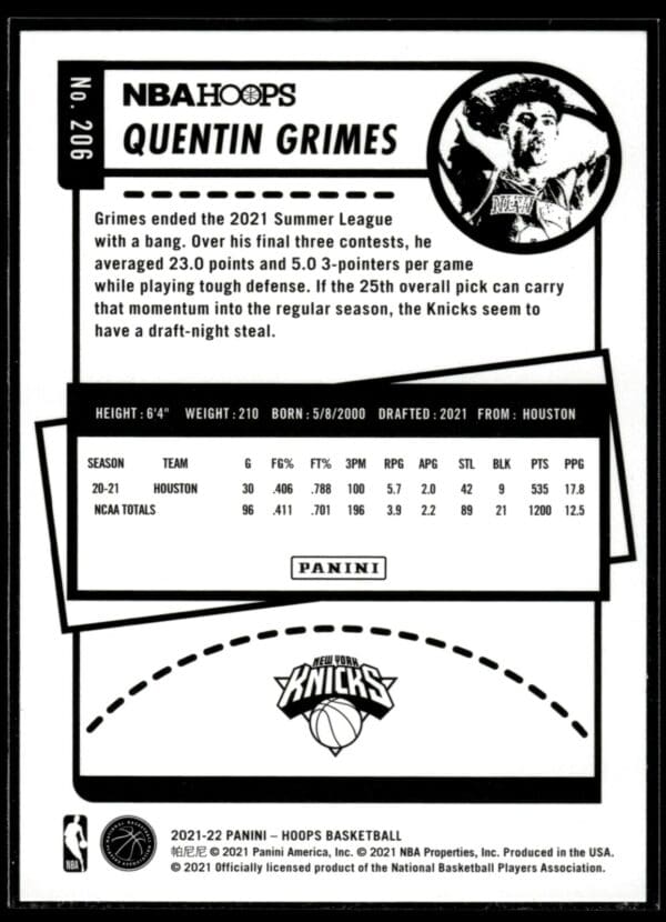 _10 2021-22 Hoops Quentin Grimes Rookie New York Knicks #206