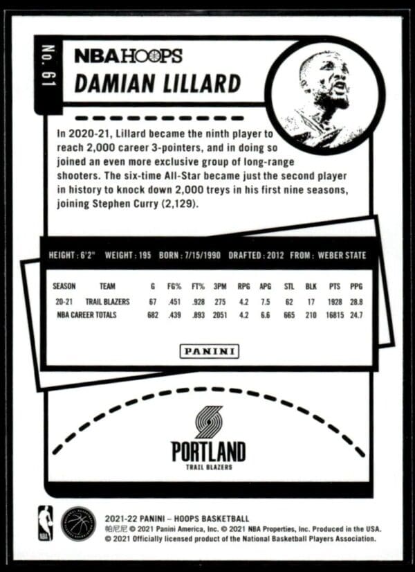 2021 NBA Hoops Portland Trail Blazers #61 Damian Lillard