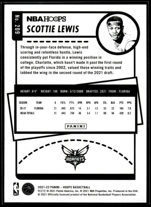 2021-22 Hoops Scottie Lewis Rookie Charlotte Hornets #209