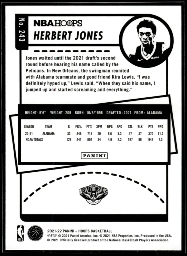 2021-22 Hoops Herbert Jones Rookie New Orleans Pelicans #243