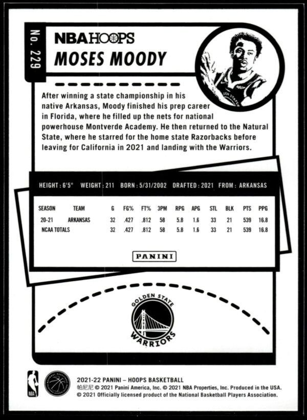 2021-22 Hoops Moses Moody Rookie Golden State Warriors #229