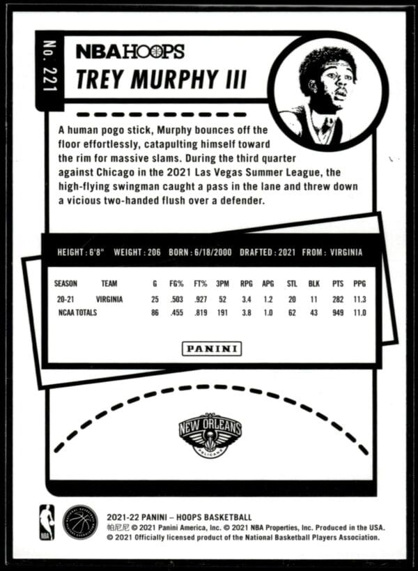 2021-22 Hoops Trey Murphy III Rookie New Orleans Pelicans #221