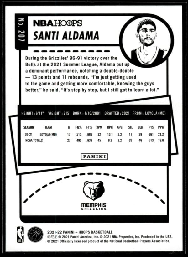2021-22 Hoops Santi Aldama Rookie Memphis Grizzlies #207