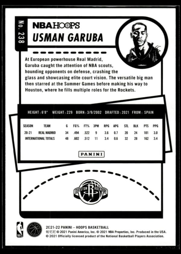 2021-22 Hoops Usman Garuba Rookie Houston Rockets #238