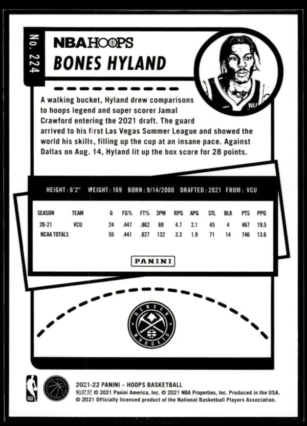 2021-22 Hoops Bones Hyland Rookie Denver Nuggets #224