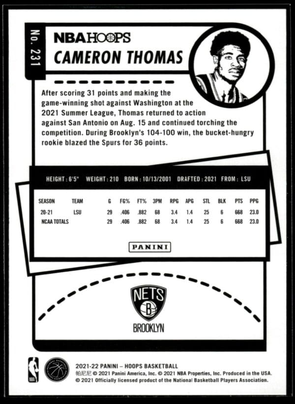 2021-22 Hoops Cameron Thomas Rookie Brooklyn Nets #231