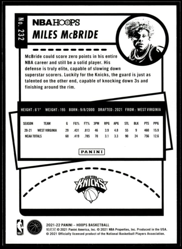 2021-22 Hoops Miles McBride Rookie New York Knicks #232