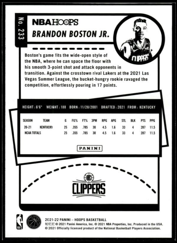 2021-22 Hoops Brandon Boston Jr. Rookie Los Angeles Clippers #233