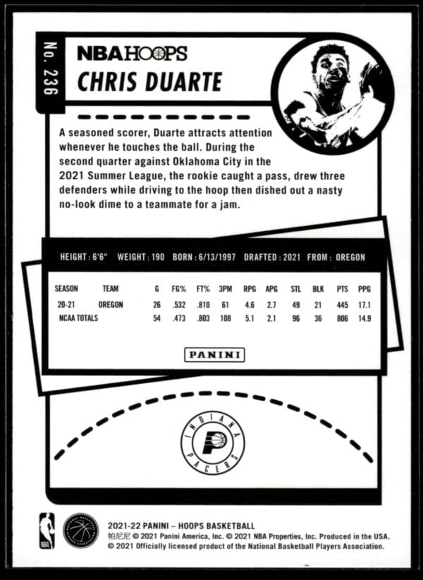 2021-22 Hoops Chris Duarte Rookie Indiana Pacers #236