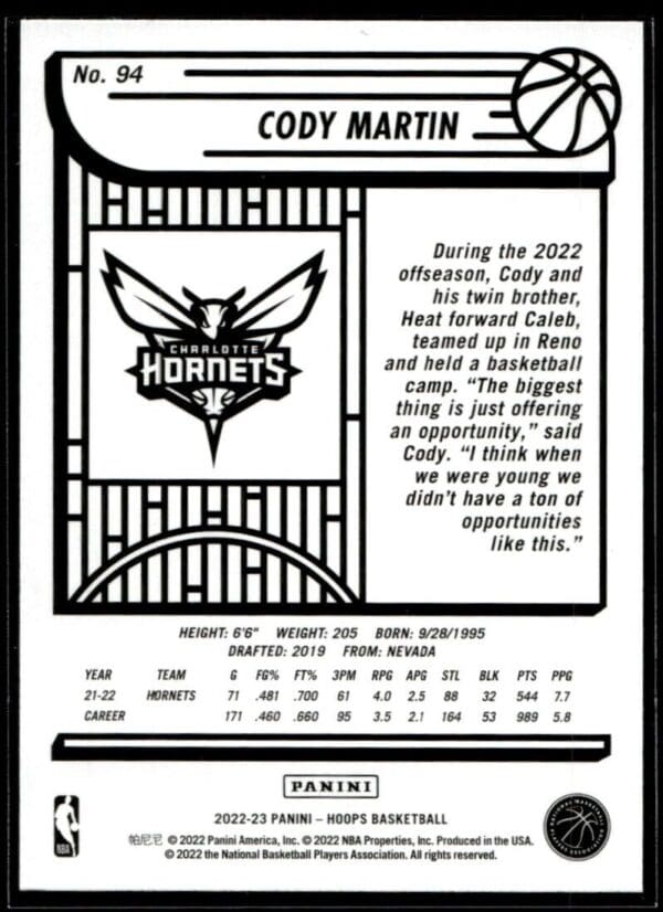 2022 Hoops Charlotte Hornets #94 Cody Martin