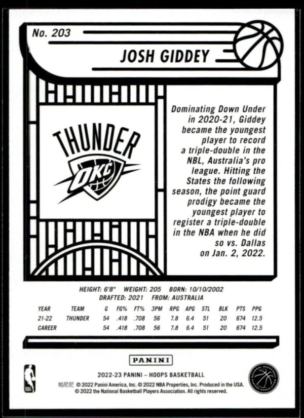 2022 Hoops Oklahoma City Thunder #203 Josh Giddey