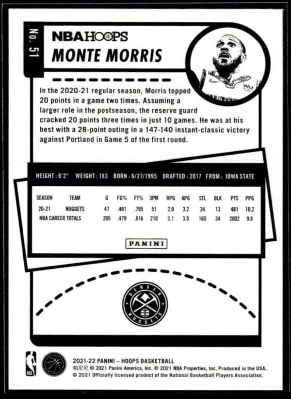_10 2021 NBA Hoops Denver Nuggets #51 Monte Morris