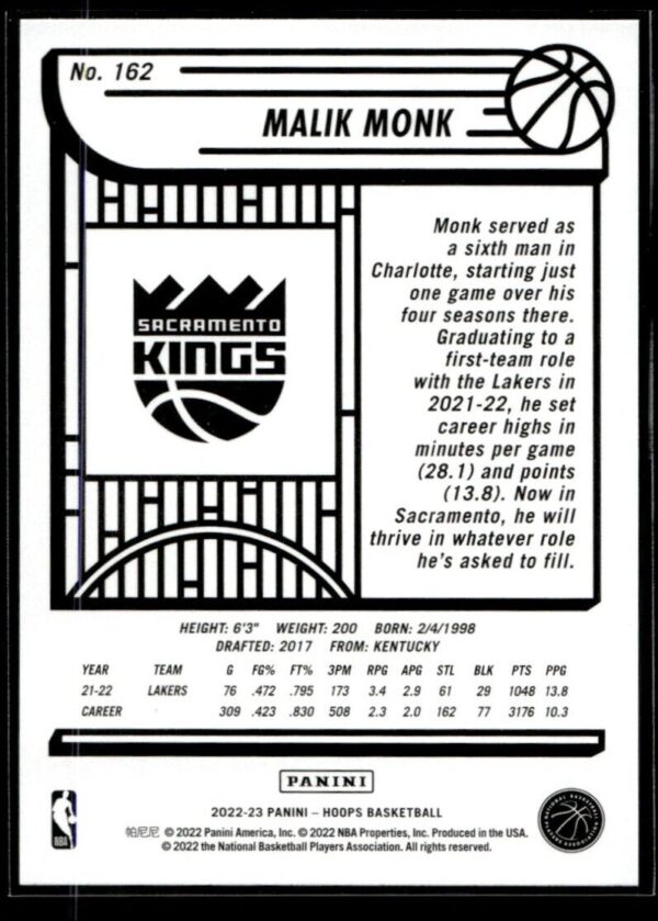 _10 2022 Hoops Sacramento Kings #162 Malik Monk