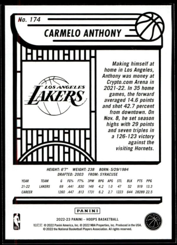 2022 Hoops Los Angeles Lakers #174 Carmelo Anthony