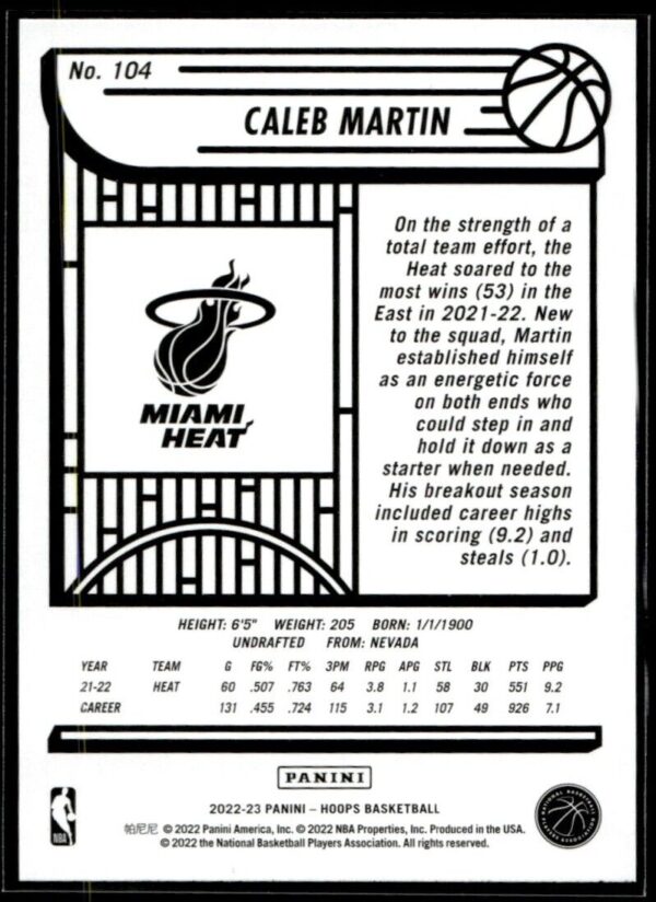 2022 Hoops Miami Heat #104 Caleb Martin