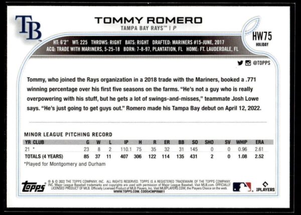 2022 Topps Holiday Tampa Bay Rays #HW75 Tommy Romero RC Rookie
