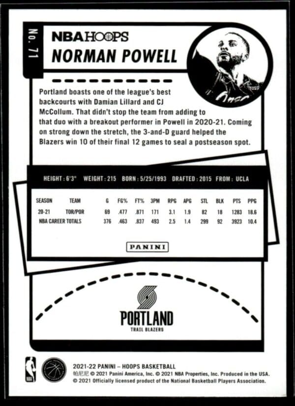 _10 2021 NBA Hoops Portland Trail Blazers #71 Norman Powell