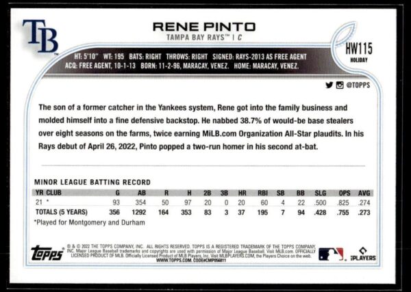 _10 2022 Topps Holiday Tampa Bay Rays #HW115 Rene Pinto RC Rookie