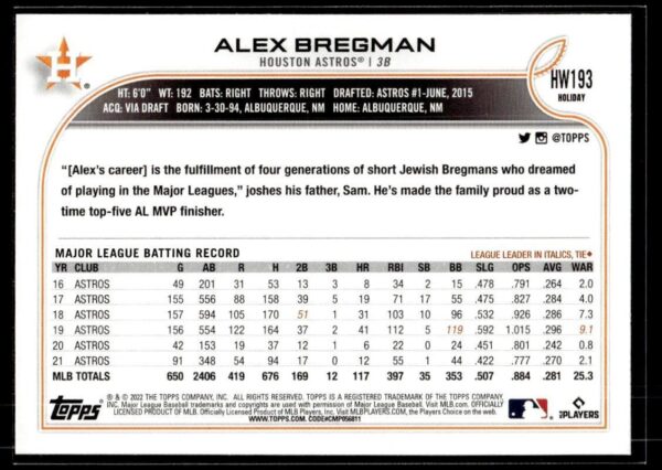 2022 Topps Holiday Houston Astros #HW193 Alex Bregman