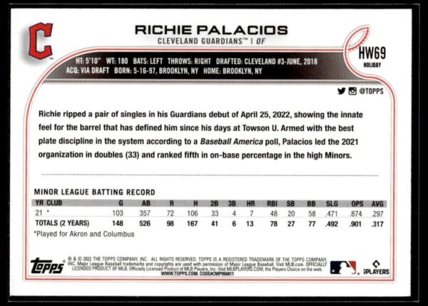 2022 Topps Holiday Cleveland Guardians #HW69 Richie Palacios RC Rookie
