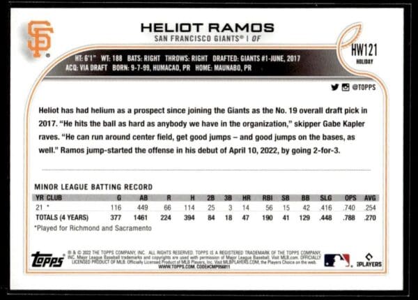 2022 Topps Holiday San Francisco Giants #HW121 Heliot Ramos RC Rookie