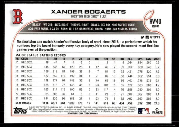 _10 2022 Topps Holiday Boston Red Sox #HW40 Xander Bogaerts