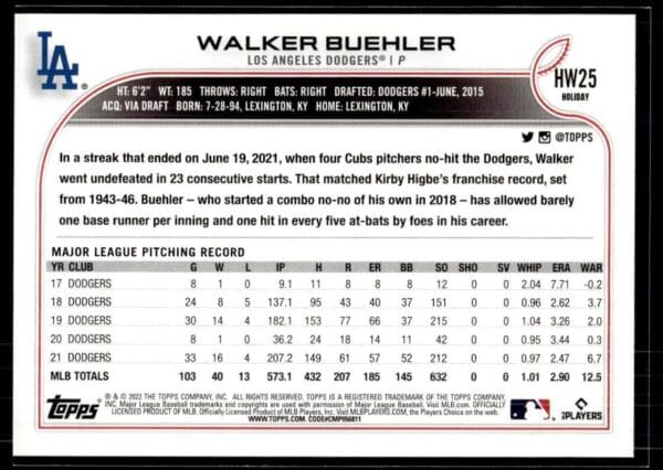 _10 2022 Topps Holiday Los Angeles Dodgers #HW25 Walker Buehler