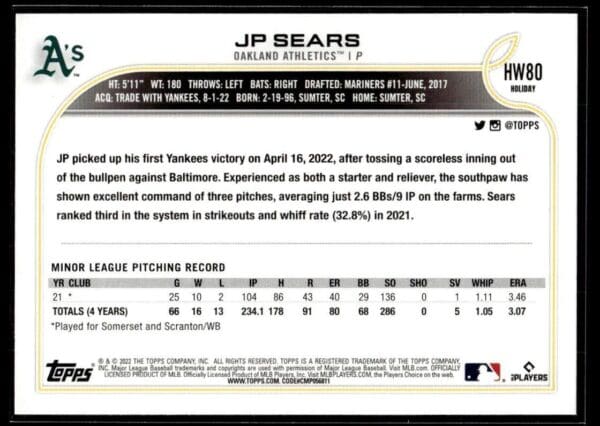 _10 2022 Topps Holiday Oakland Athletics #HW80 JP Sears RC Rookie