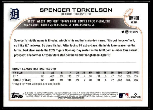 2022 Topps Holiday Detroit Tigers #HW200 Spencer Torkelson RC Rookie