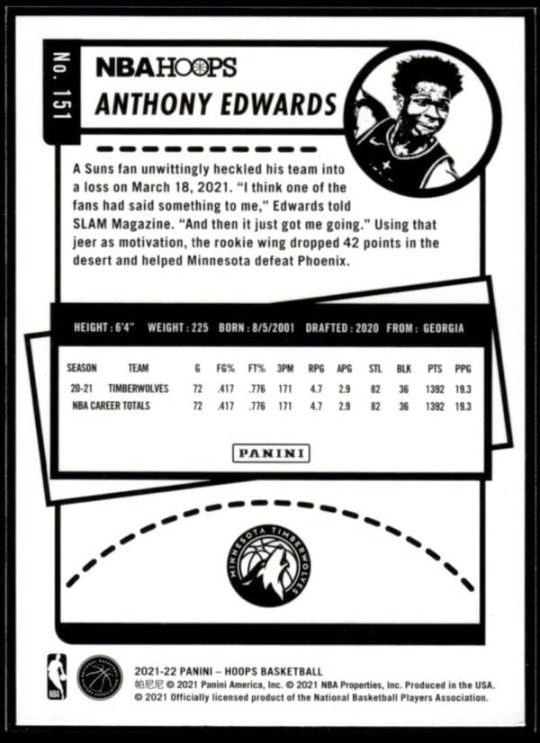 2021 NBA Hoops Minnesota Timberwolves #151 Anthony Edwards RC Rookie