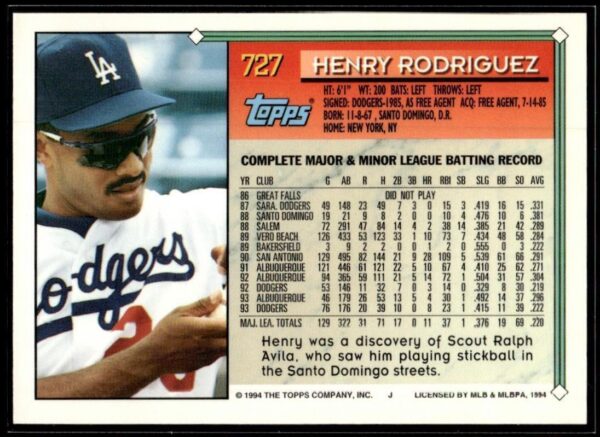 1994 Topps Los Angeles Dodgers #727 Henry Rodriguez