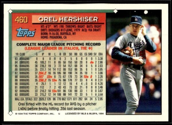 _10 1994 Topps Los Angeles Dodgers #460 Orel Hershiser