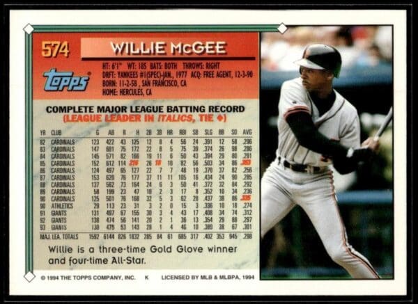 1994 Topps San Francisco Giants #574 Willie McGee