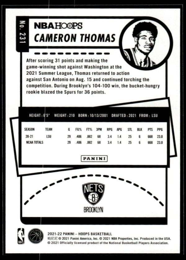 _10 2021 NBA Hoops Brooklyn Nets #231 Cameron Thomas RC Rookie