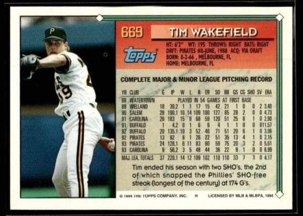 _10 1994 Topps Pittsburgh Pirates #669 Tim Wakefield
