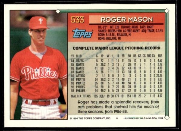 1994 Topps Philadelphia Phillies #533 Roger Mason