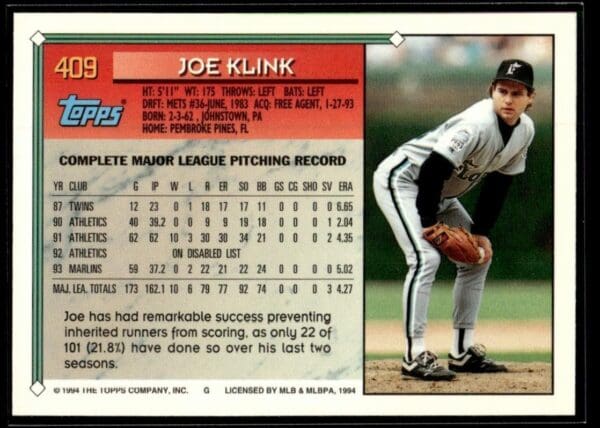 _10 1994 Topps Florida Marlins #409 Joe Klink