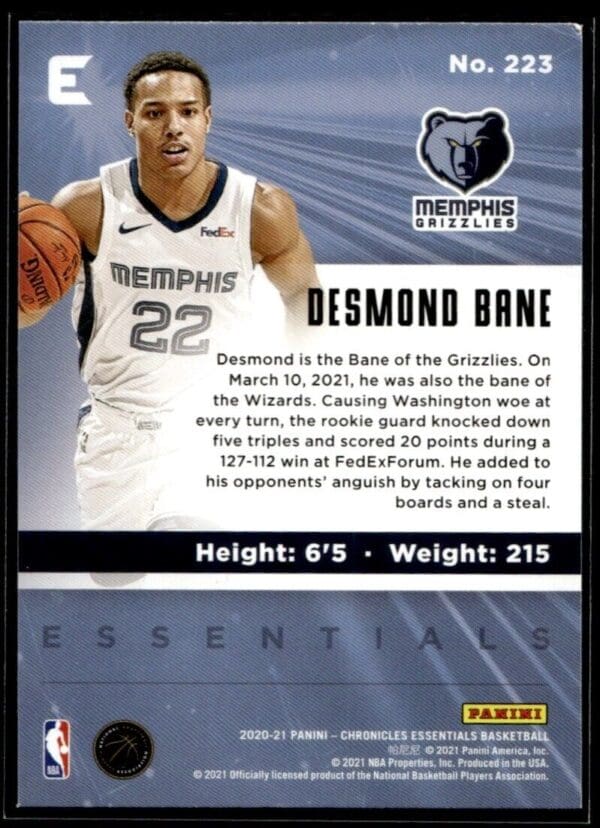 2020 Panini Chronicles XR Memphis Grizzlies #223 Desmond Bane RC Rookie