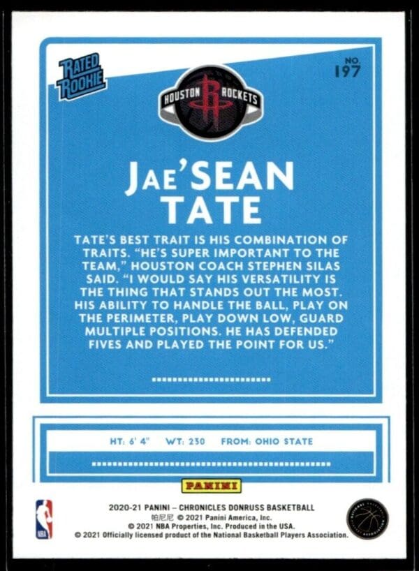 2020 Panini Chronicles Houston Rockets #197 Jae'Sean Tate RC Rookie