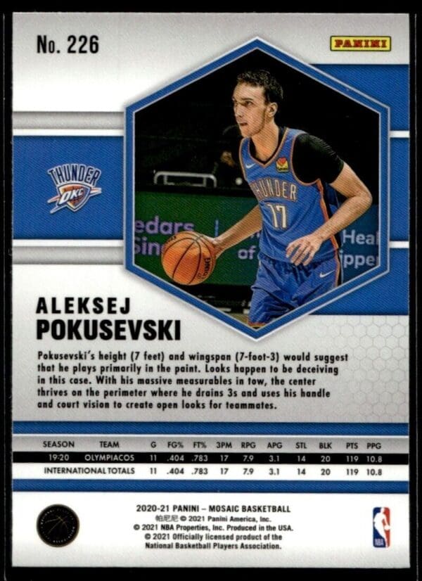 2020 Panini Mosaic Oklahoma City Thunder #226 Aleksej Pokusevski RC Silver Prizm
