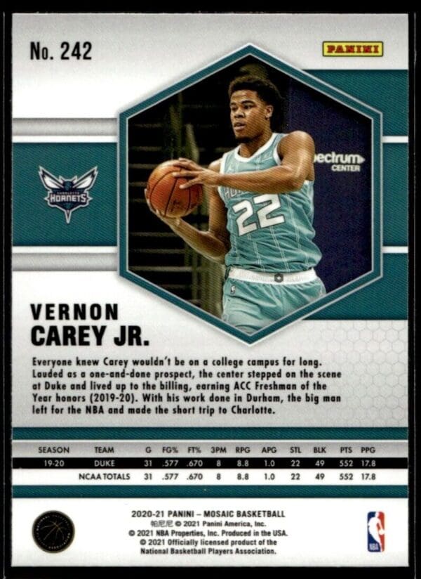 2020 Panini Mosaic Charlotte Hornets #242 Vernon Carey Jr. RC Rookie
