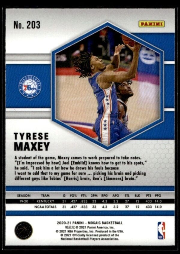 2020 Panini Mosaic Philadelphia 76ers #203 Tyrese Maxey RC Rookie